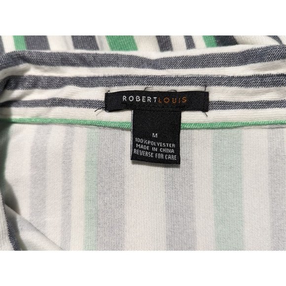 Robert Louis tab sleeve button‎ up green gray white stripe blouse size M - Picture 8 of 9
